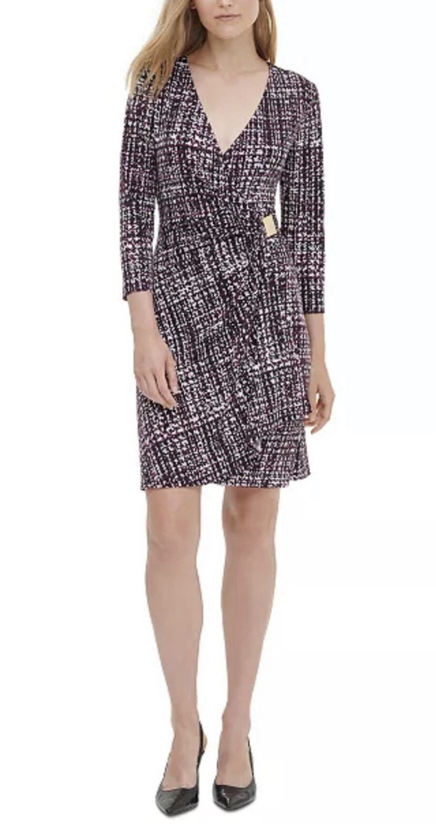 Calvin Klein Womens Printed 3/4 Sleeve Faux Wrap Dress Purple Multi Small