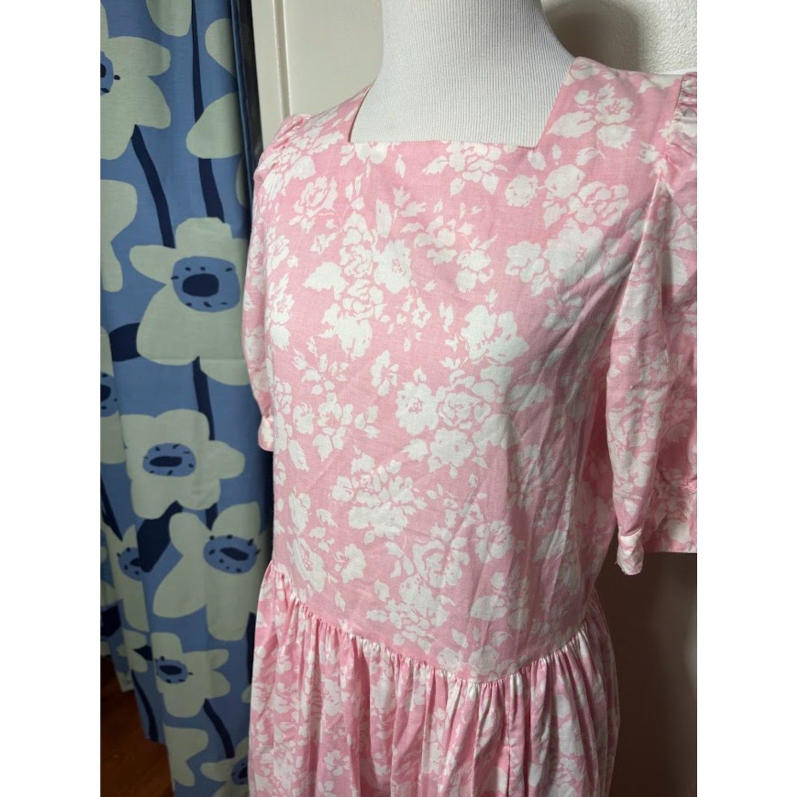 Laura Ashley Vintage Flour Sack Floral Prairie Midi Dress Pink White 10 Cotton
