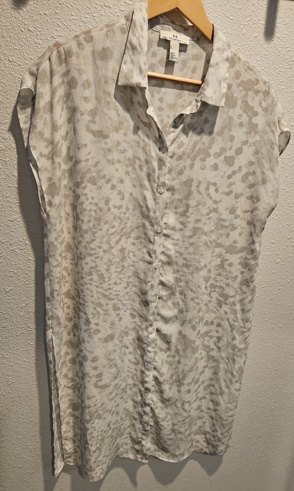 Womens H By Halston Lite Gray Animal Cheetah Sheath Shirt Dress W/ Sexy Slits L