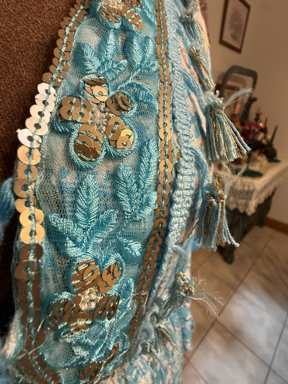 Blue White Boho Maxi Dress Size M Embroidered Lace Tassel Cottagecore Beach