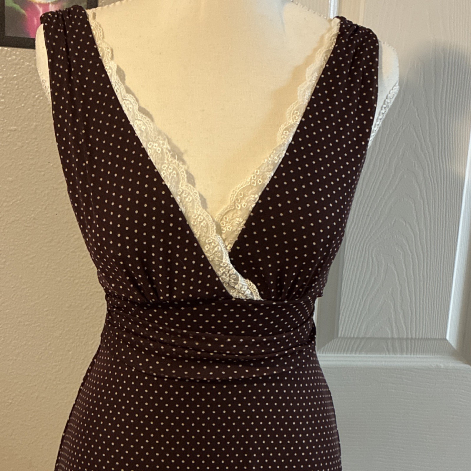 Speechless Brown White Polka Dot Lace Trim Sleeveless Knee Length Dress Small