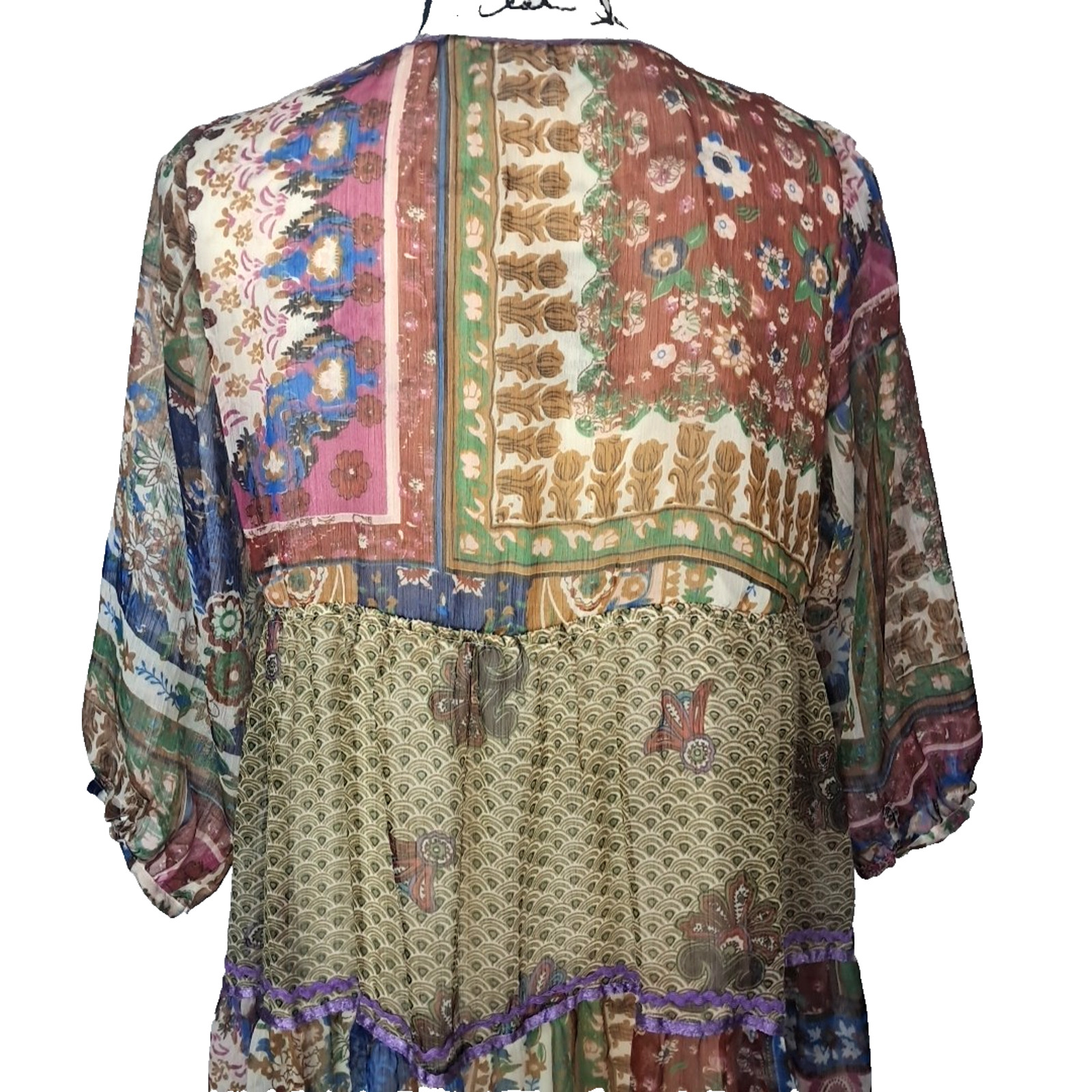 Babydoll Floral Sheer Patchwork Beaded Tiered Mini Dress Size M Purple Boho