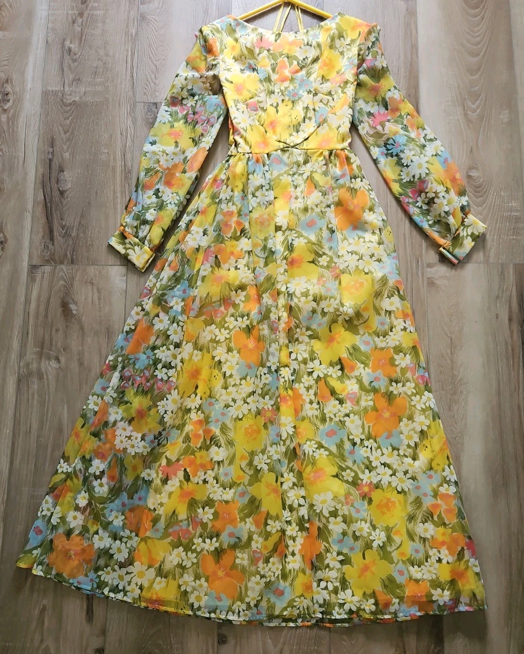 Vtg Emma Domb Dress Womens Size 12-yellow, Orange, GreenFloral Maxi 60s/70s