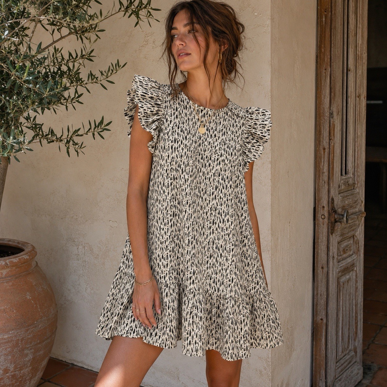 Pinch Abstract Animal Print Ruffle Sleeve Tiered Swing Dress Women’s Small Boho