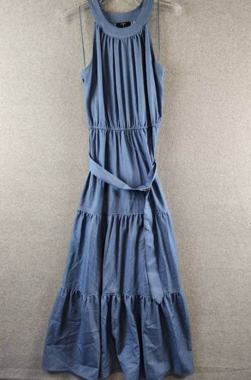 T Tahari Tiered Fit & Flare Halter Maxi Dress Womens M Denim Belted Button Strap