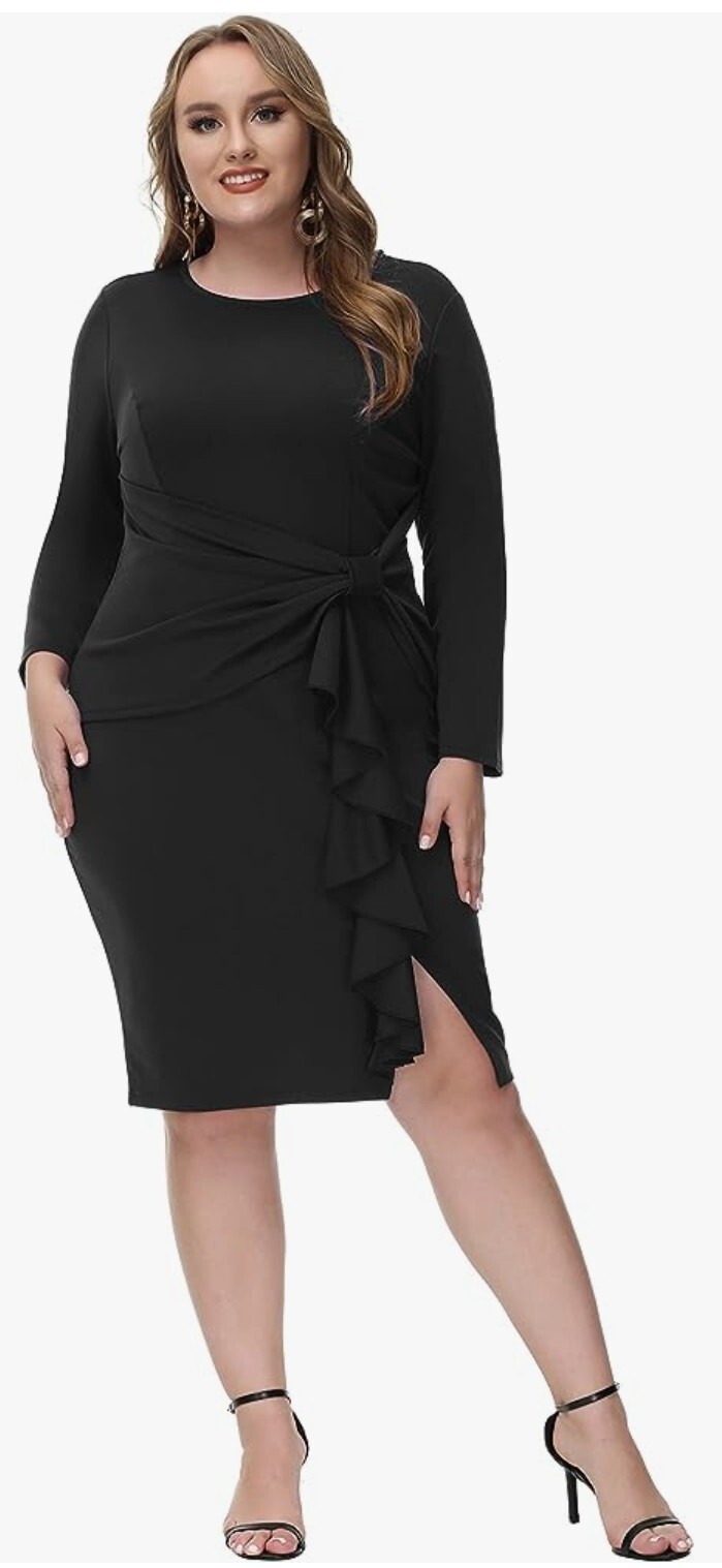 Hanna Nikole Black Long Sleeve Bodycon Ruffle Knee Length Dress 20W NWT