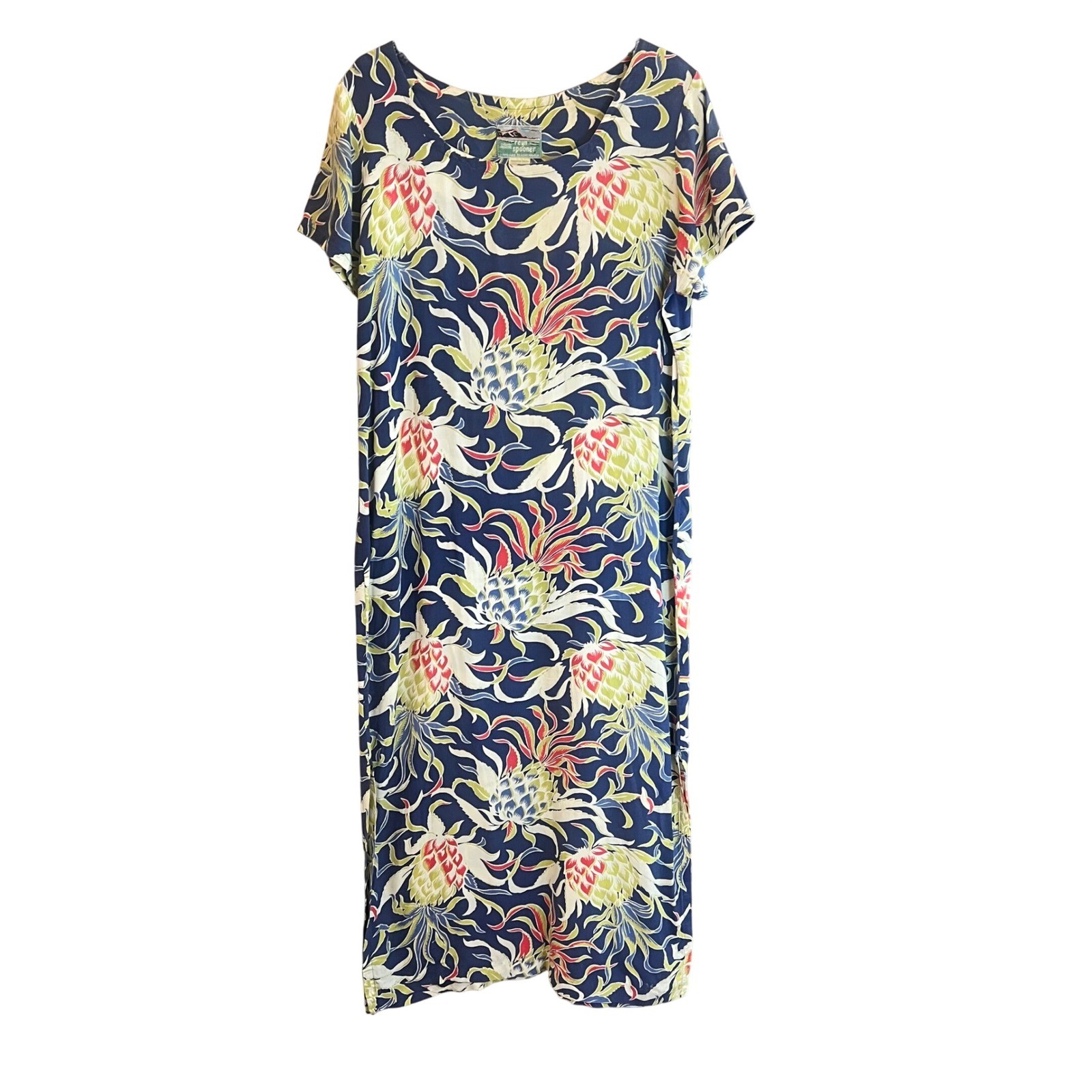 Reyn Spooner Hawaiian Traditions Navy Pineapple Floral Rayon Maxi Dress Womens S