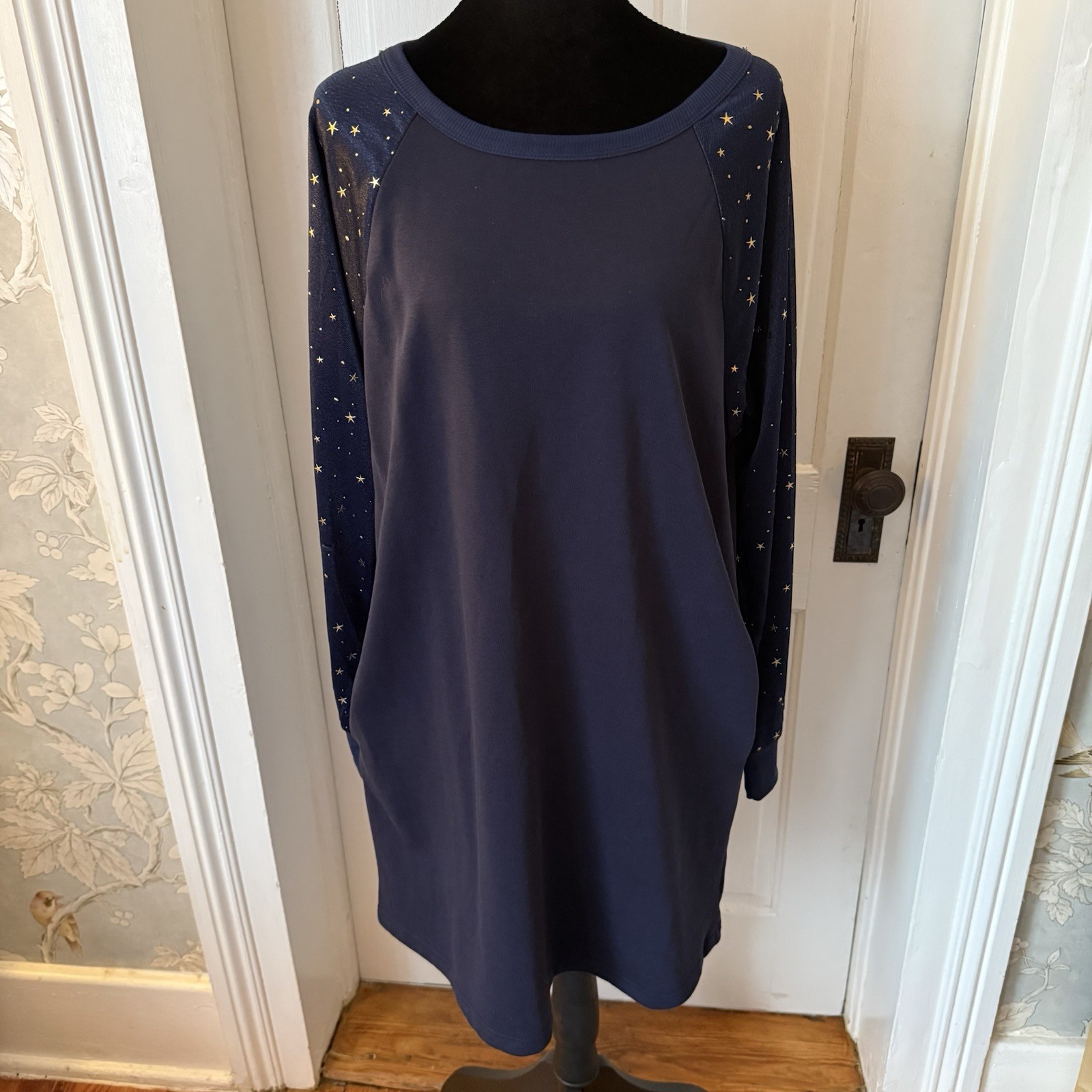 Umgee Midnight Blue Knit Star Print Balloon Sleeve Crew Neck Shift Dress S