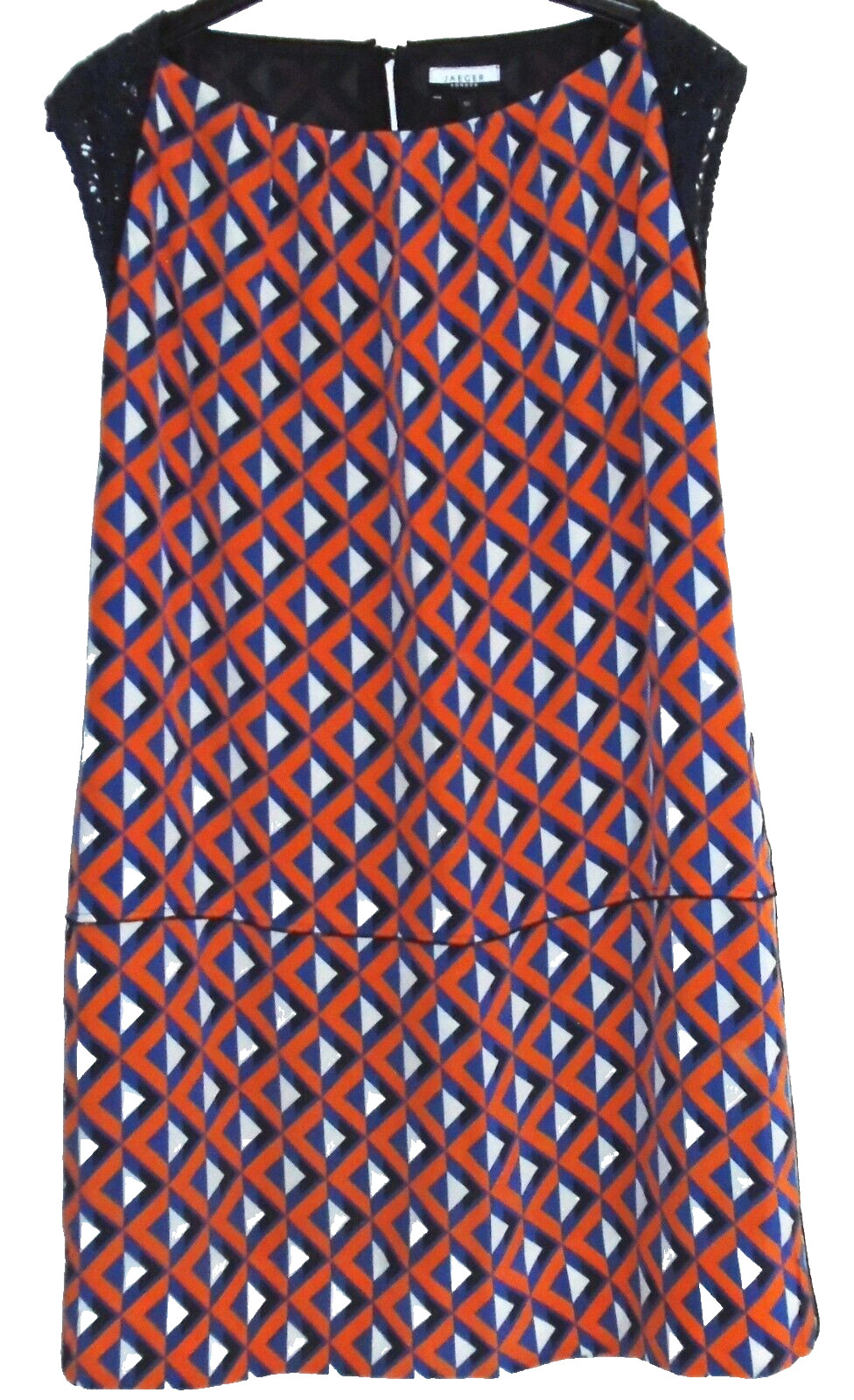 Jaeger London Geometric Dress orange navy shift 100% silk Size 10 vgc