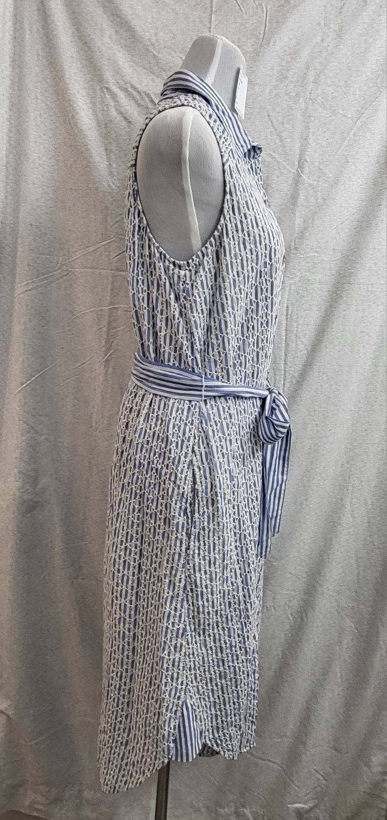 Anthropologie Stripe Sleeveless Button Embroidered Eyelet Blue White Dress Sz 12