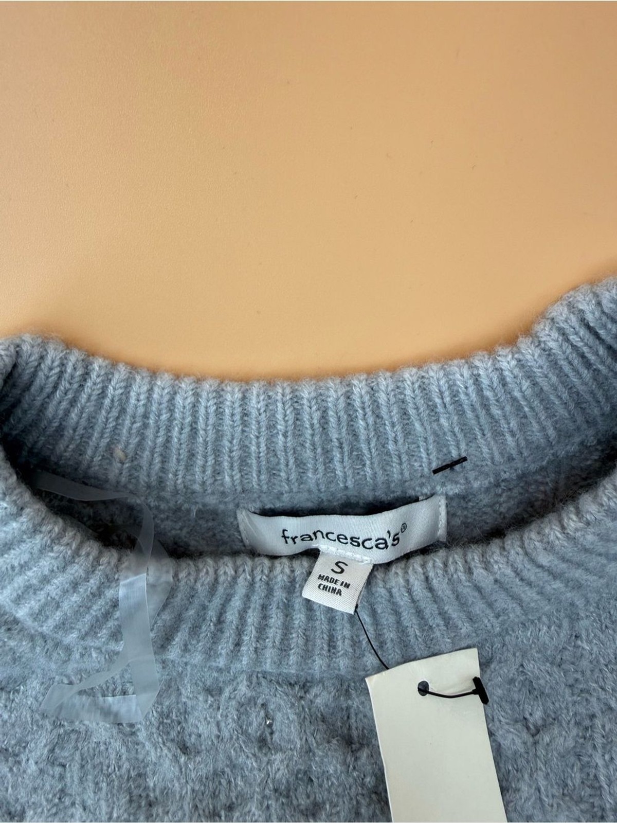 Francesca’s Pale Grey Beaded Pearls Cable Knit Sweater Dress