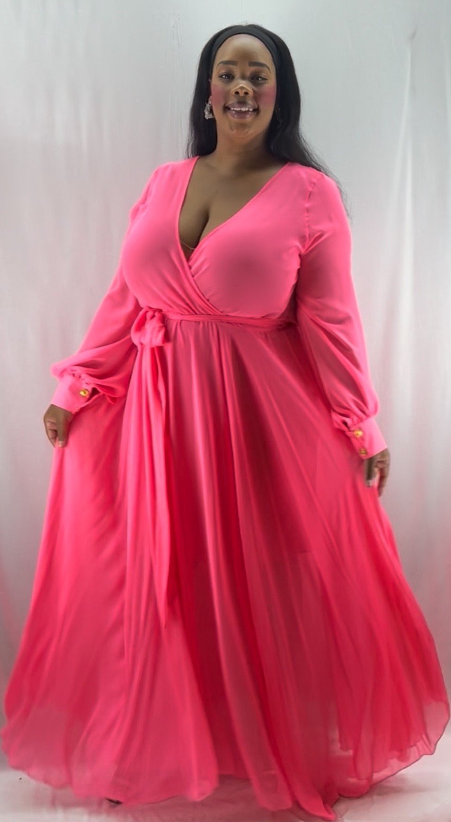 Plus Size 1X-3X Chiffon Wrap Maxi Dress Long Sleeve V-Neck Tie Waist Flowy Gown