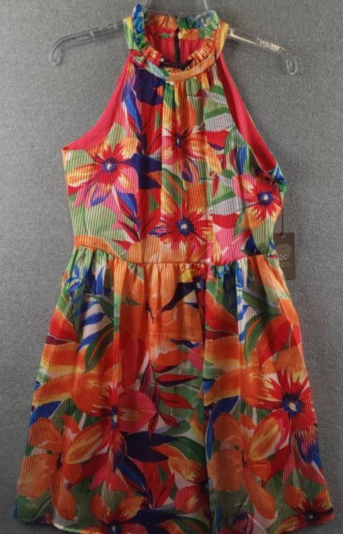 Vince Camuto Floral Print Ruffle Halter Dress Women’s 6 Multi Back Zip Closure
