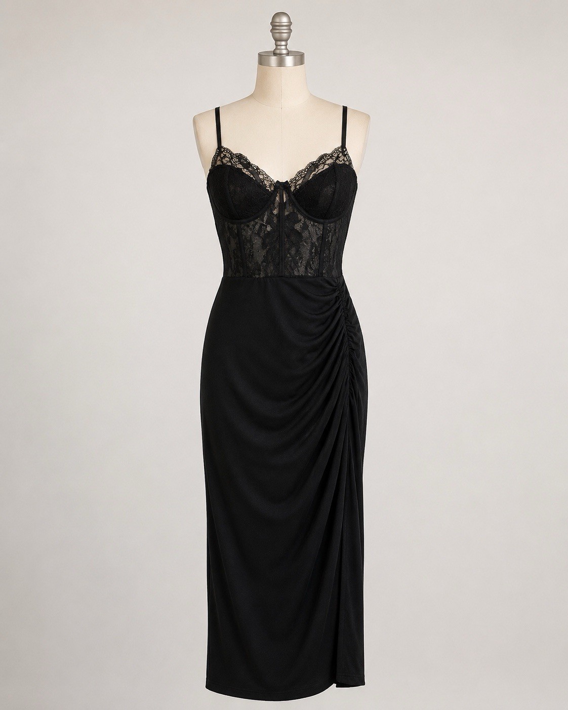 CIDER Women’s Black Lace Corset Slip Dress Size L Ruched Mesh Midi Bodycon