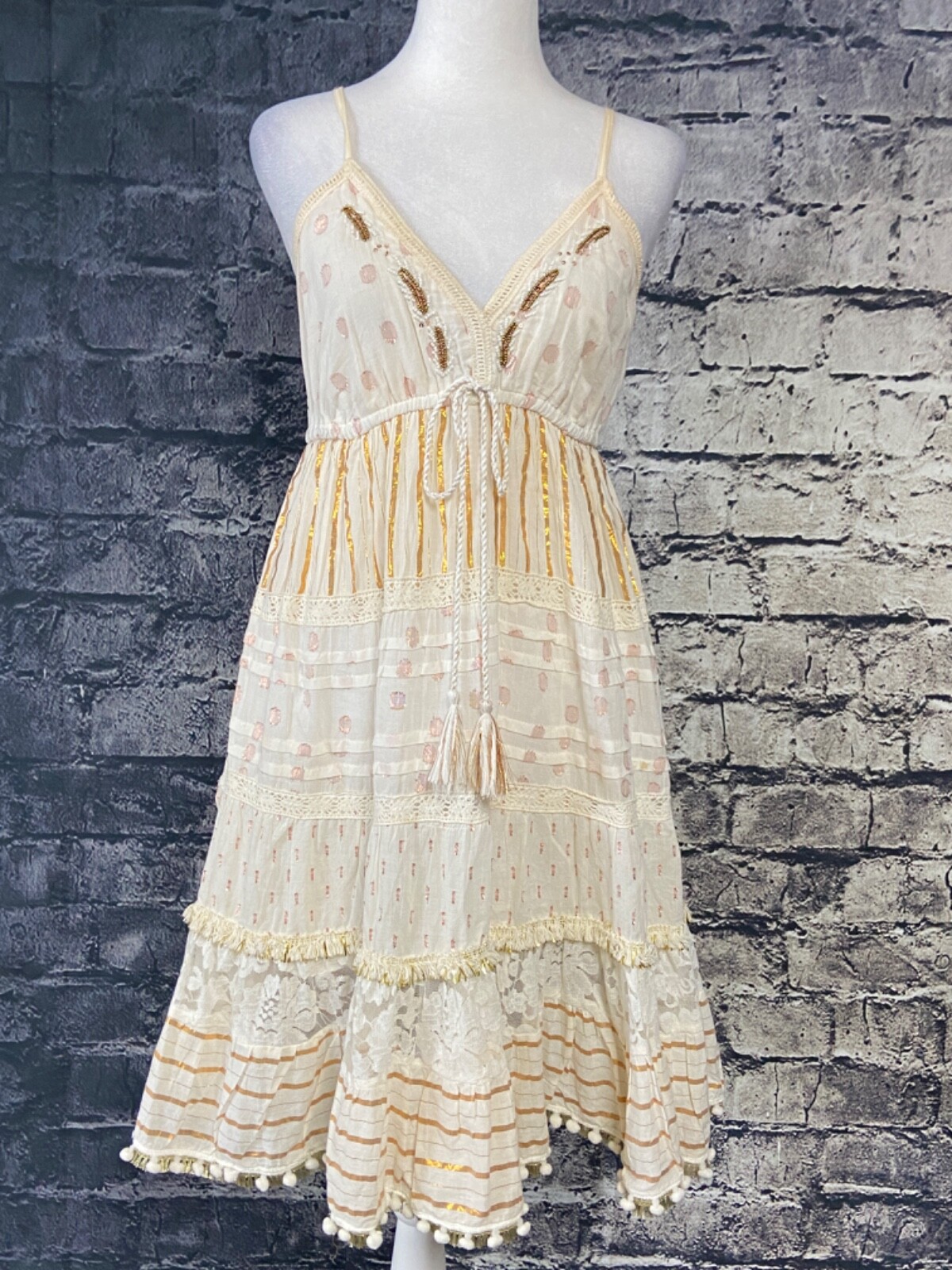 Boho Madrid Womens Bohemian Tassel Trim Spaghetti Strap Dress Ivory Gold Lined