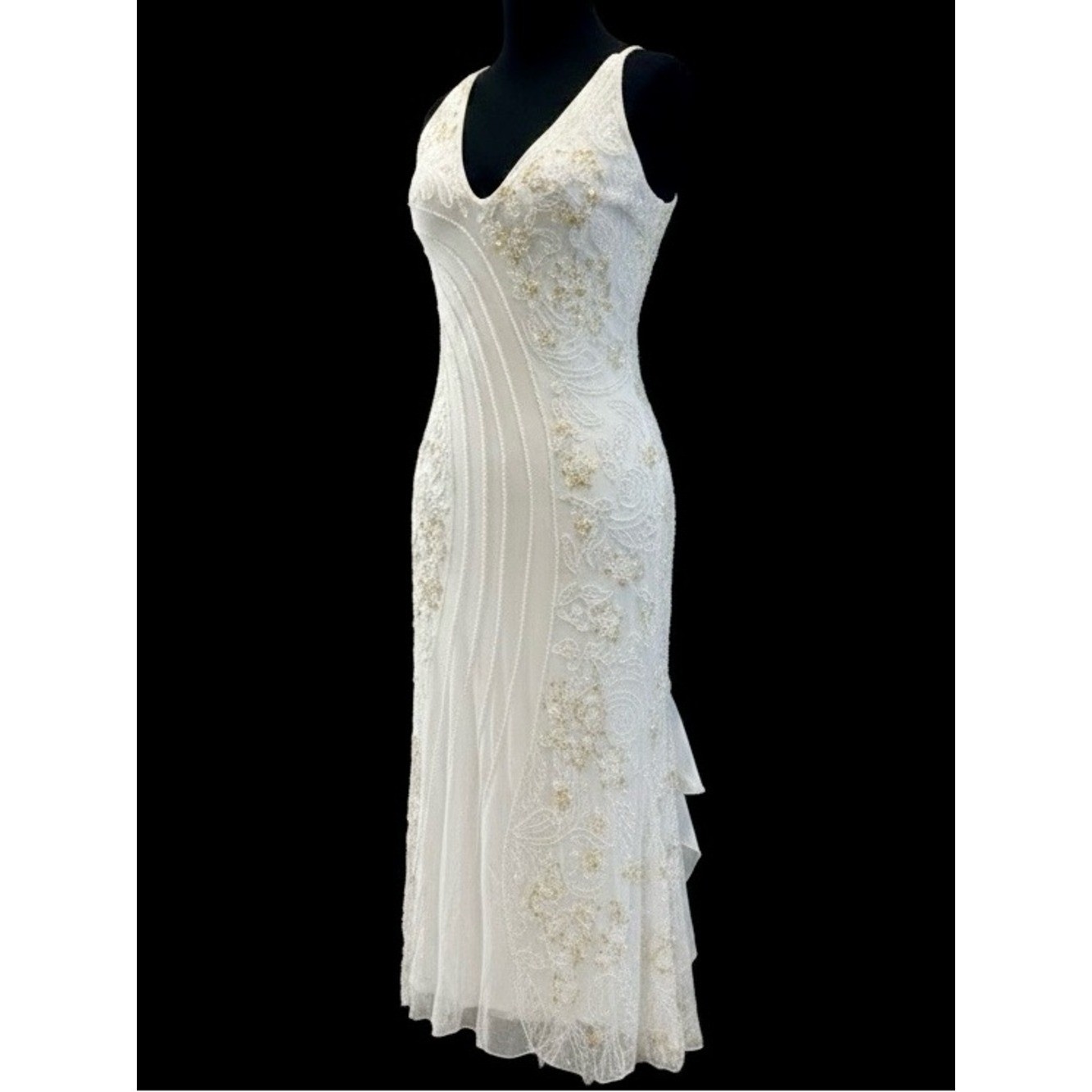 White hand Beaded Ruffle Backless Evening Dress. Power mesh stretch fabric.