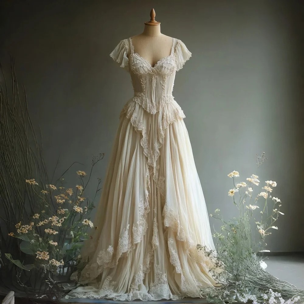 Light Champagne Vintage Dress Medieval Lace A-line Ruffled Small Train Ball Gown