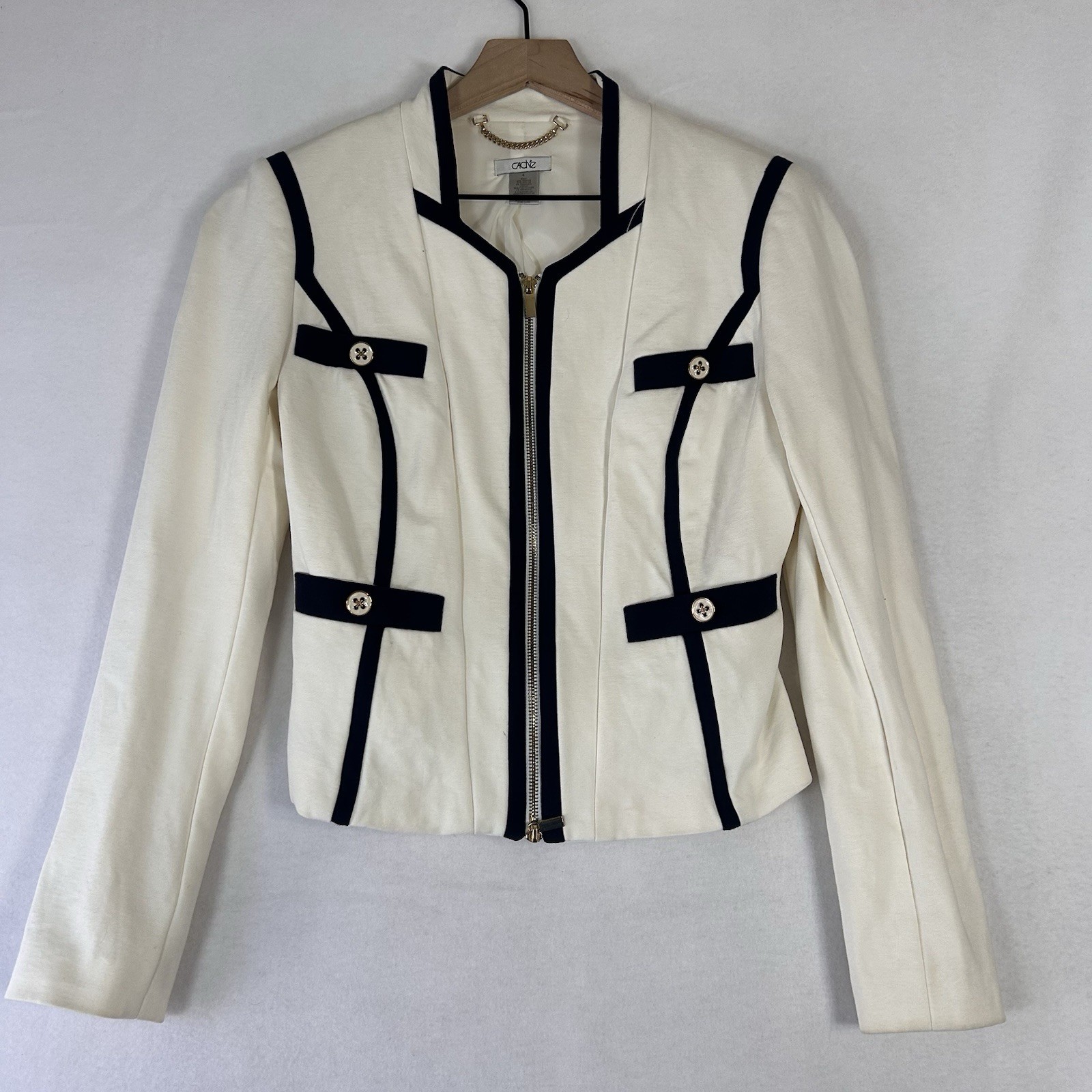 Cache Womens Blazer Size 4 White Black Trim Zip Cropped Military Jacket