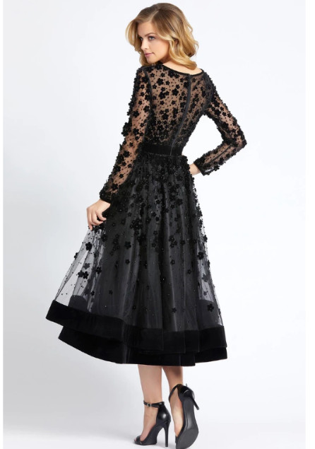 MAC DUGGAL 67007D Black Floral 3D Luxe Velvet Sheer Long Sleeve Tea Dress 10 US