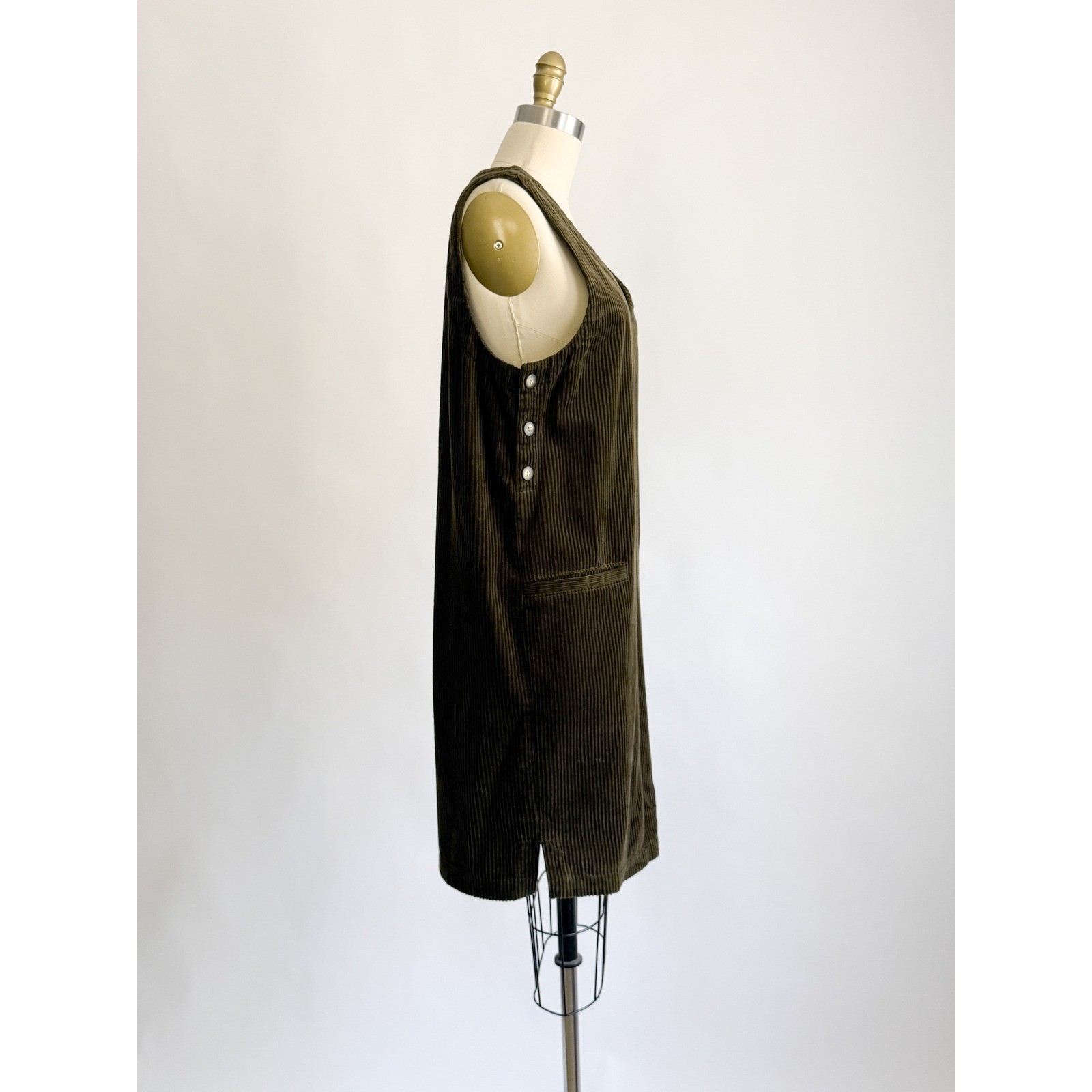 Vintage Eddie Bauer Corduroy Jumper Dress Small Olive Green V-Neck Side Button