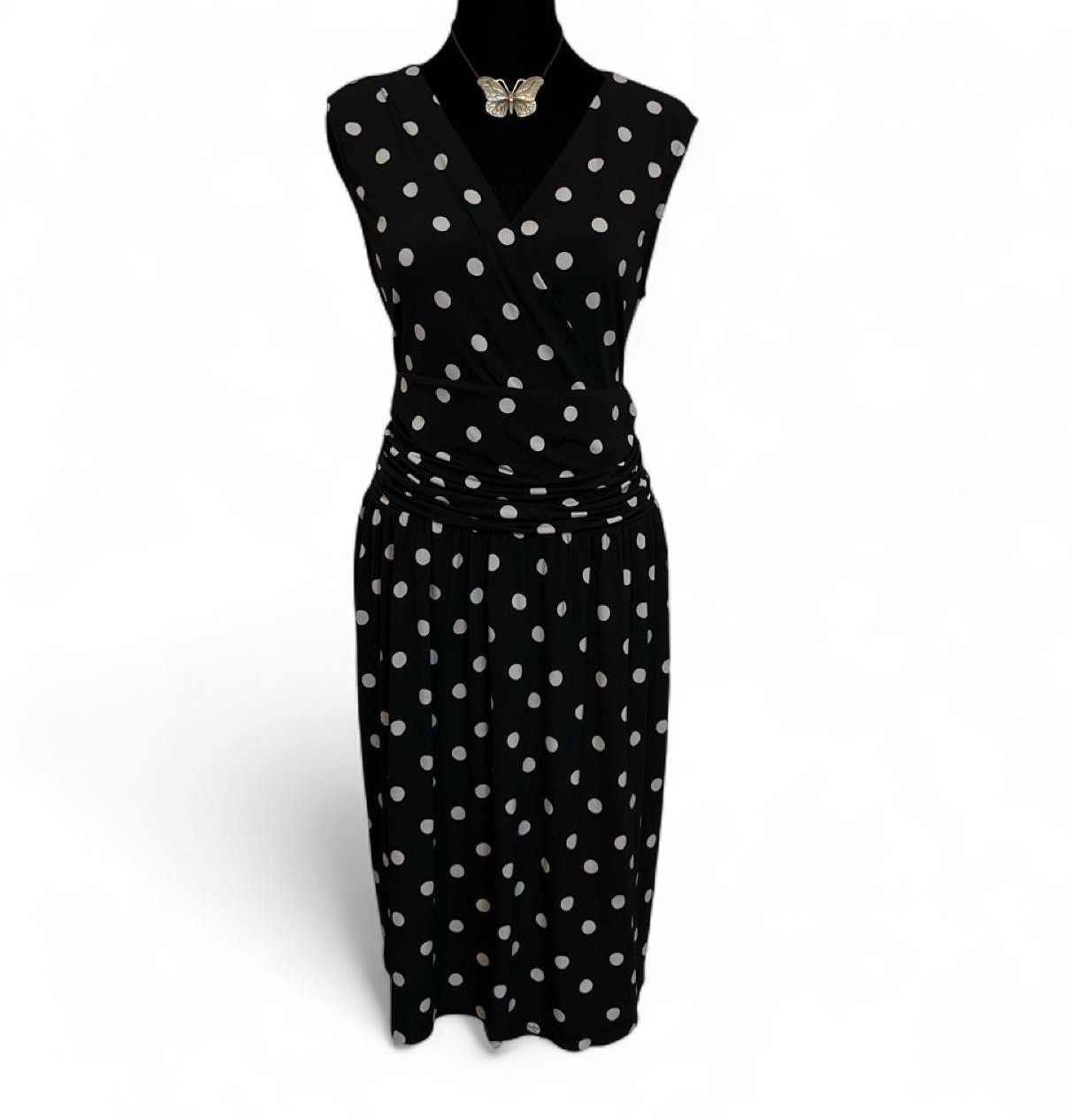Suzy Shier Polka Dot Wrap Dress Black White V-Neck Sleeveless Knee Length M