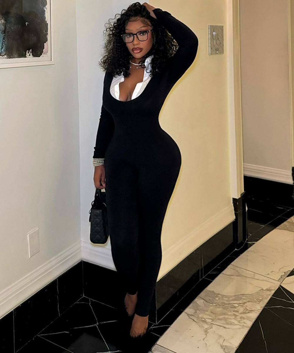 Sleek Contrast Collar Catsuit Jumpsuit