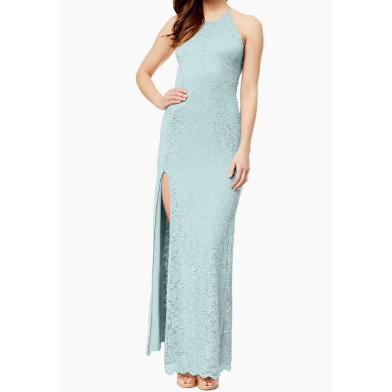 Love Design Dress XS Lace Backless Stretch High Slit Aqua Mint Evening Feminine