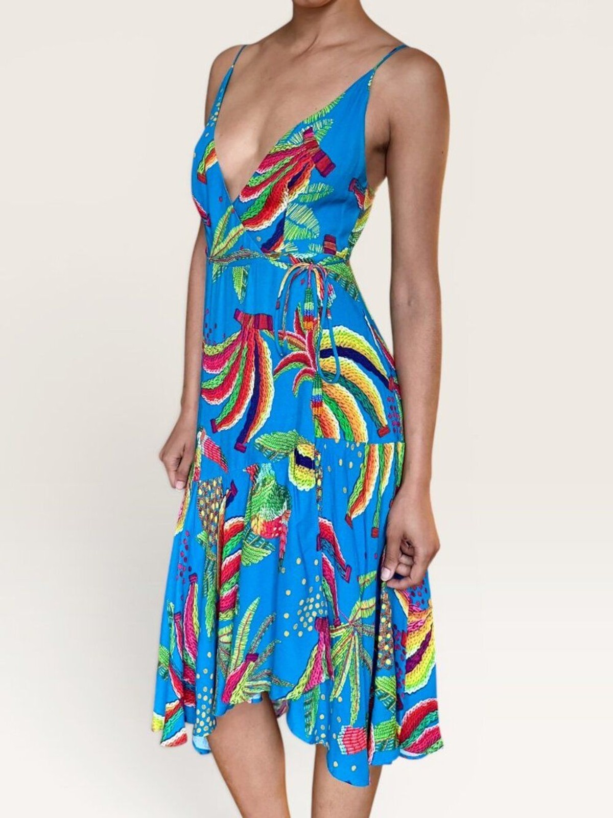 Farm Rio Banana Toucan Tropical Wrap Midi Dress XS Turquoise Fruit Print