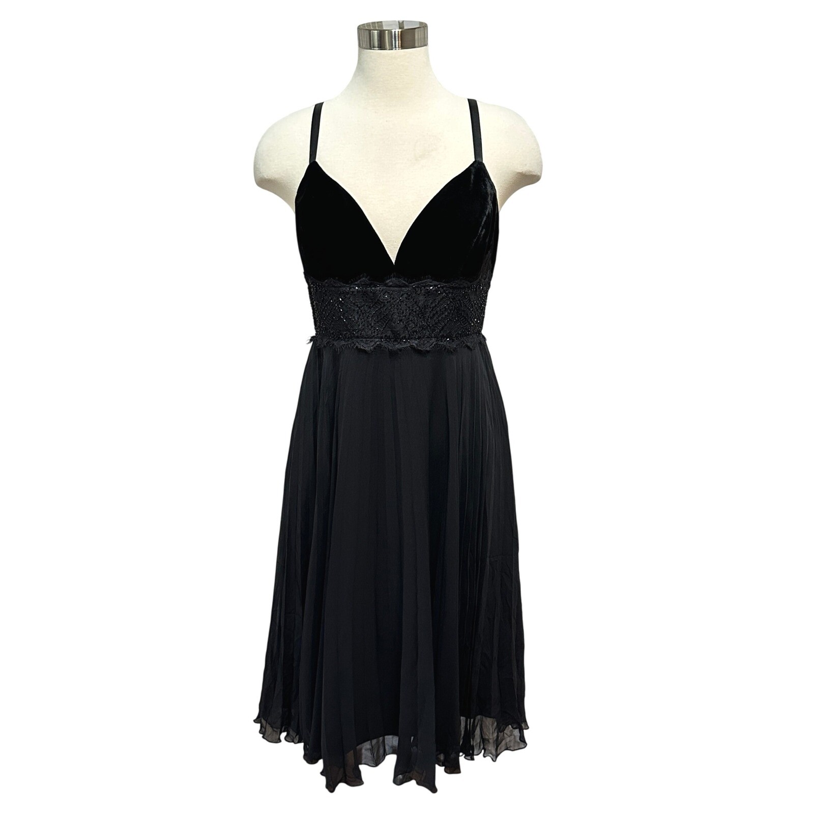 BCBG Paris Velvet Babydoll Dress Size 8 Black Beaded Pleated Skirt Y2K Party LBD