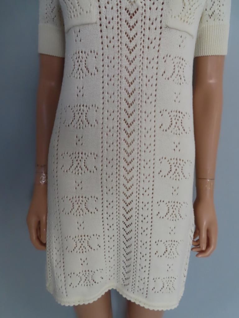 CELINE Ecru Cotton Open Pointelle/Triomphe Knit Dress Size S