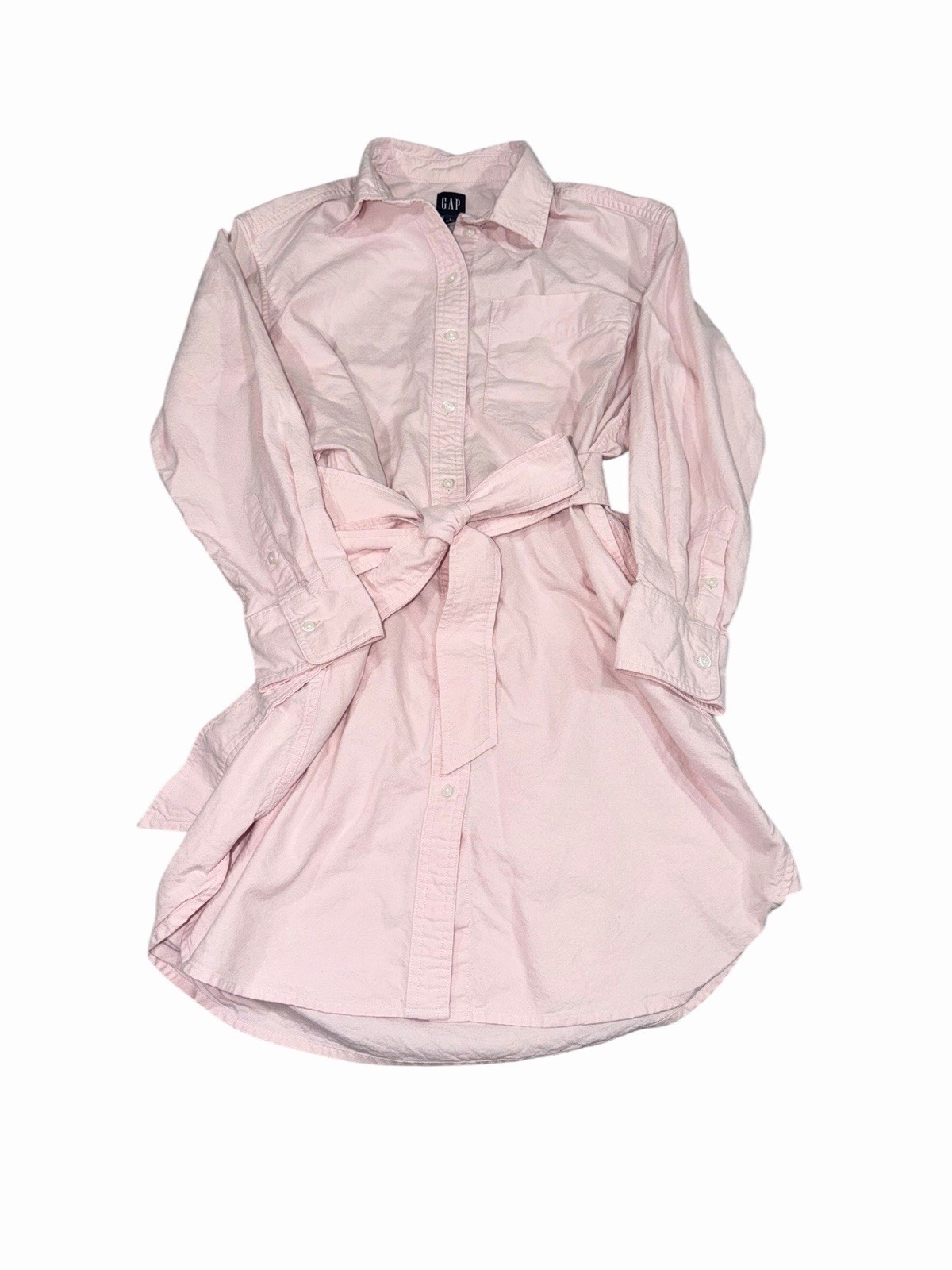 GAP Womens S Petite Pink Shirt Dress Long Sleeve Button Down Belted Cotton Dress