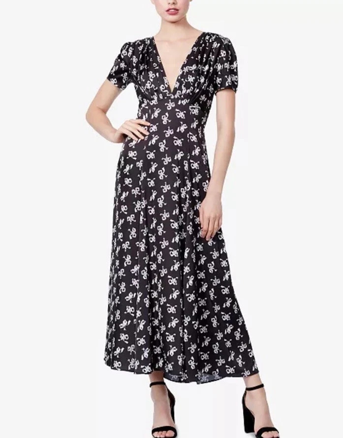 Betsey Johnson Bow Satin Midi Dress Size 6 Black Pleated Milkmaid Y2K Coquette