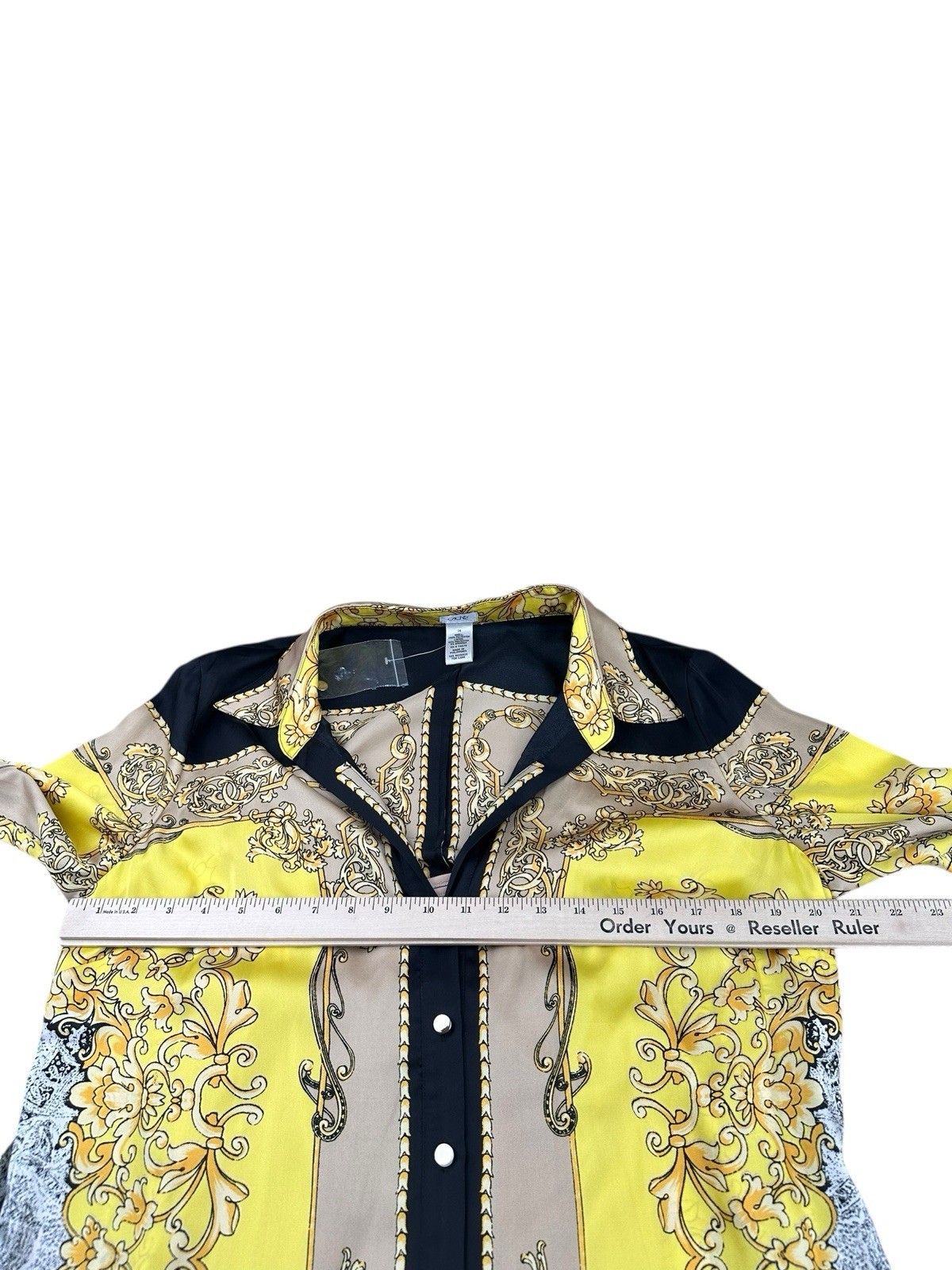 Cache Baroque Scarf Print Button Front Shirt Dress Tunic Yellow Black Belted 14