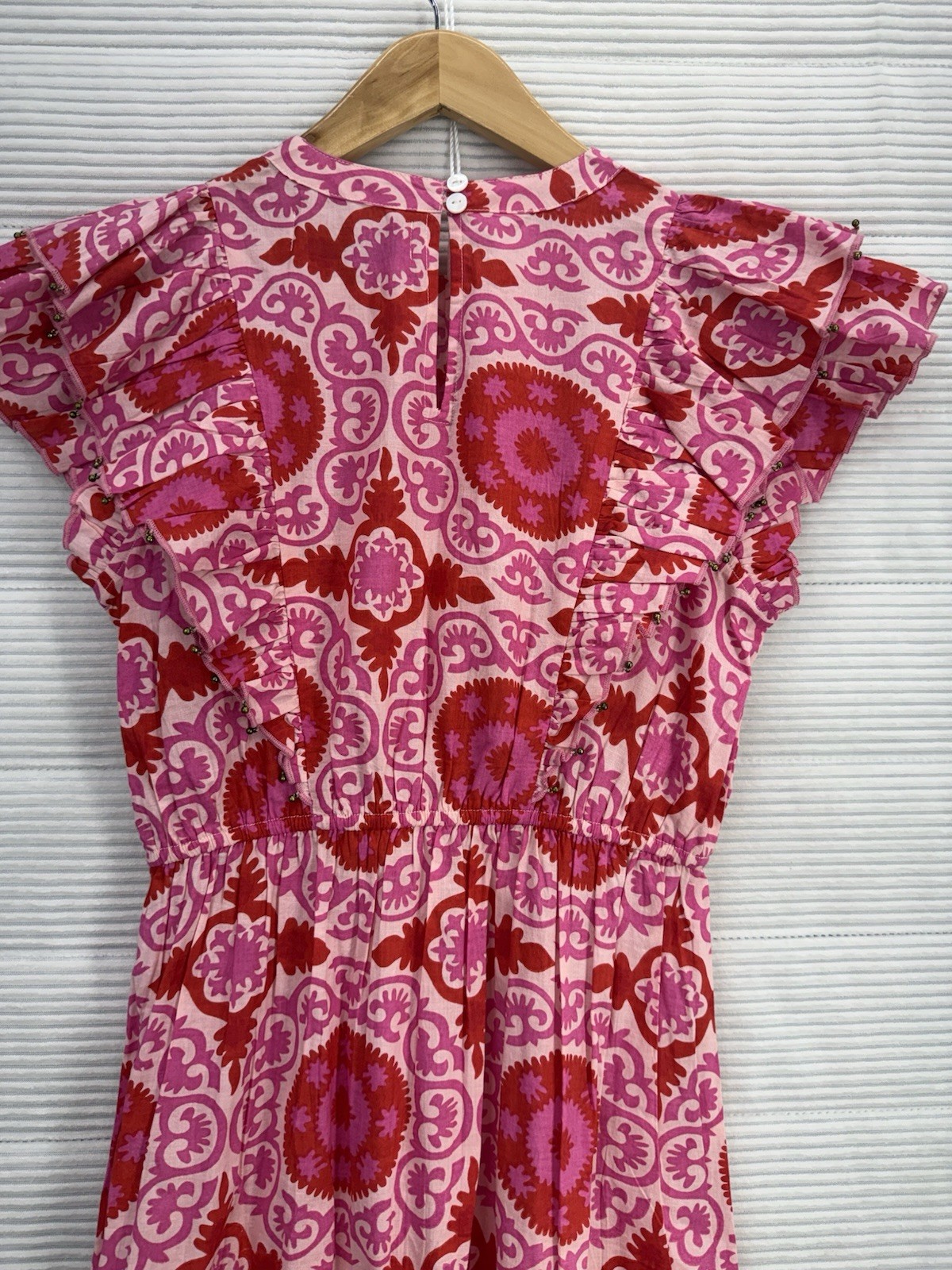 Sal Rosa Ruffle Flutter Sleeve Cotton Midi Vibrant Dress Pink Red Size 10
