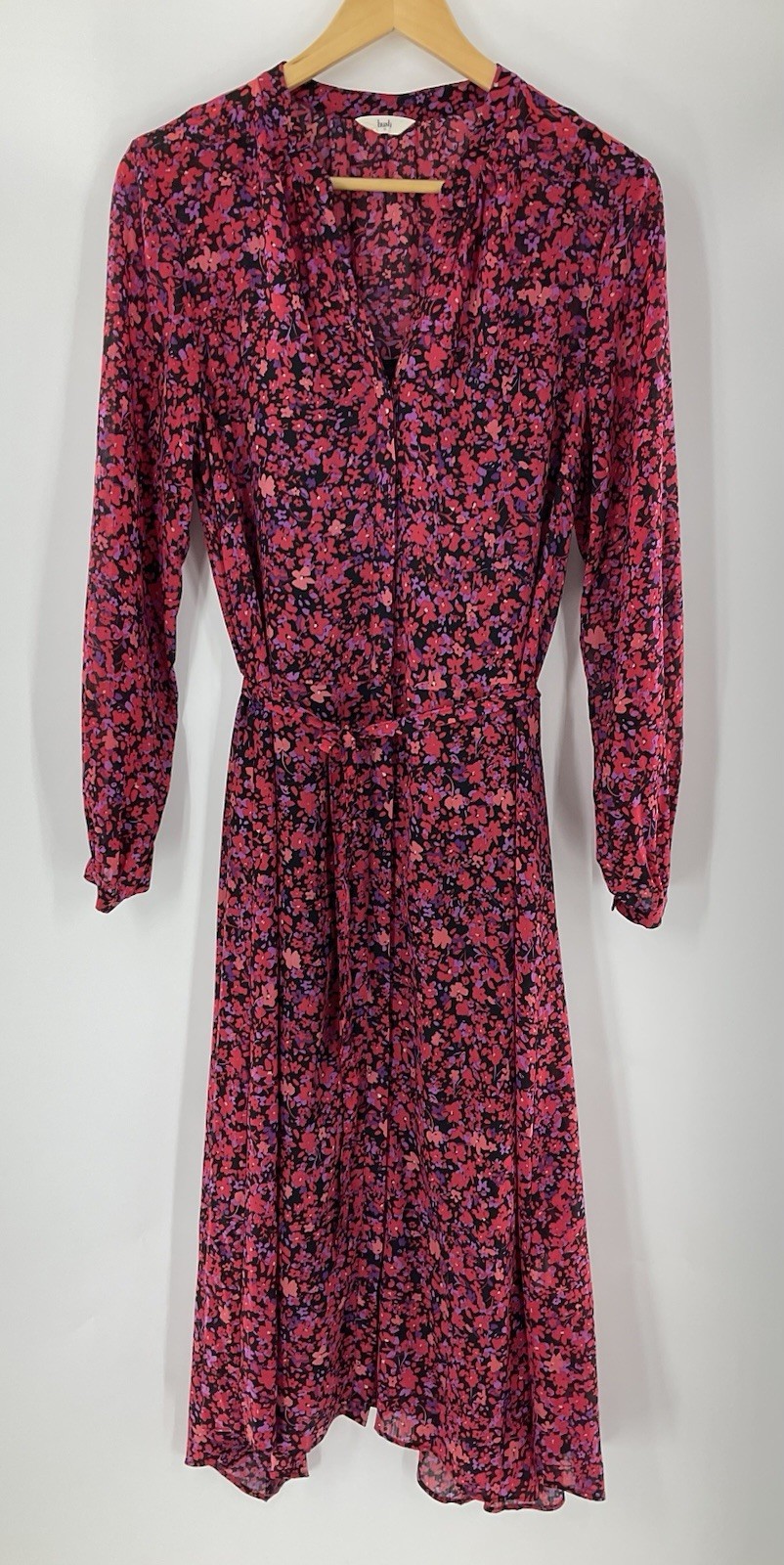 Hush Red Purple & Black Floral Tie Belt V Neck MIDI Shirt Dress Uk 12 Vgc #A2