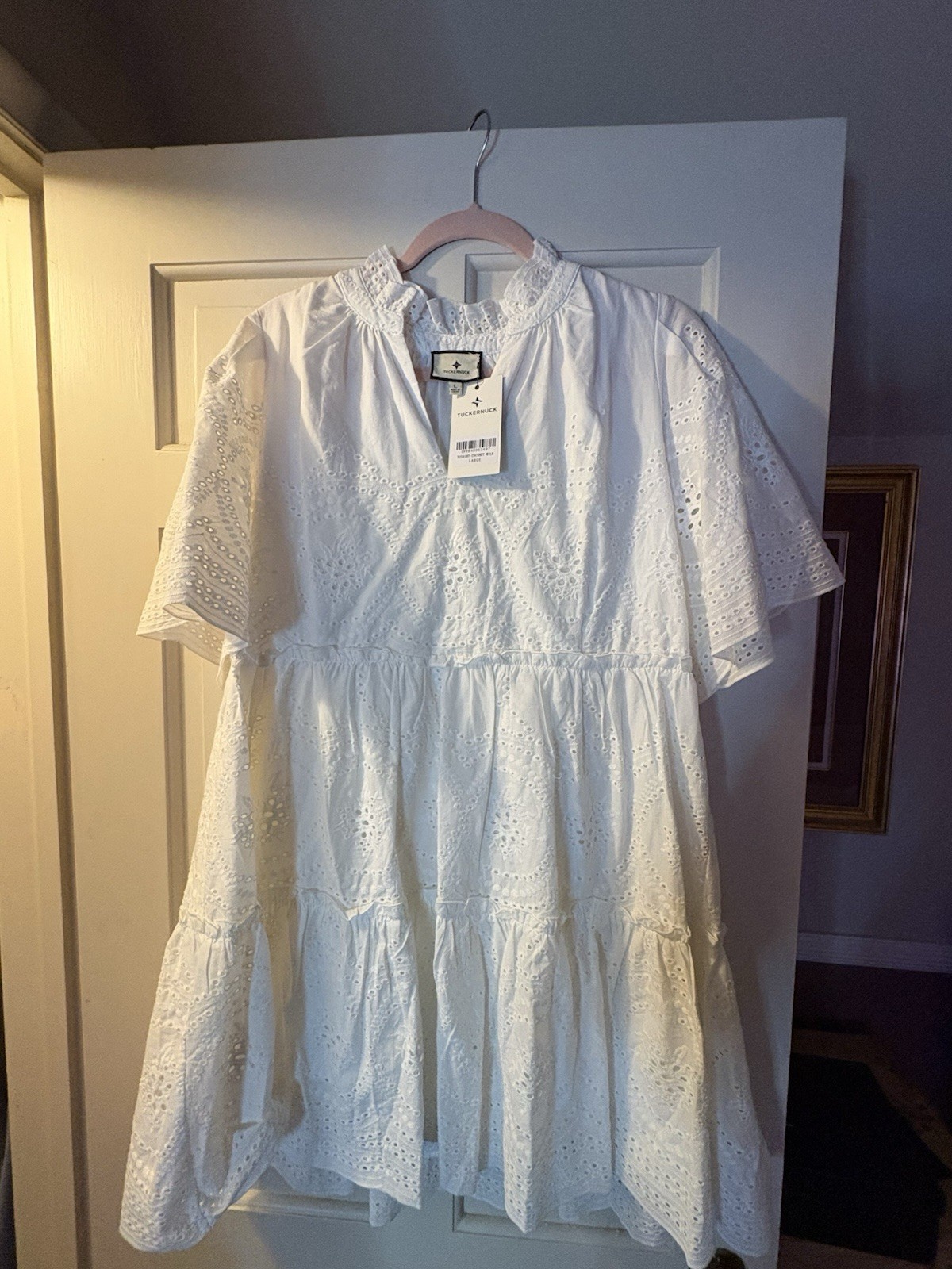 Tuckernuck White Eyelet Megan Dress Collar 3/4 Sleeve, Cotton, Large