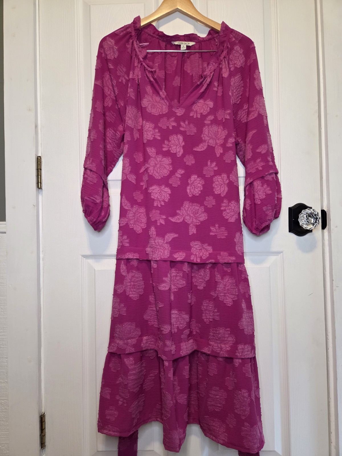 Pioneer Woman Dress XL Pink Tiered Long Sleeve Peasant Prairie Flowy Vacay Boho