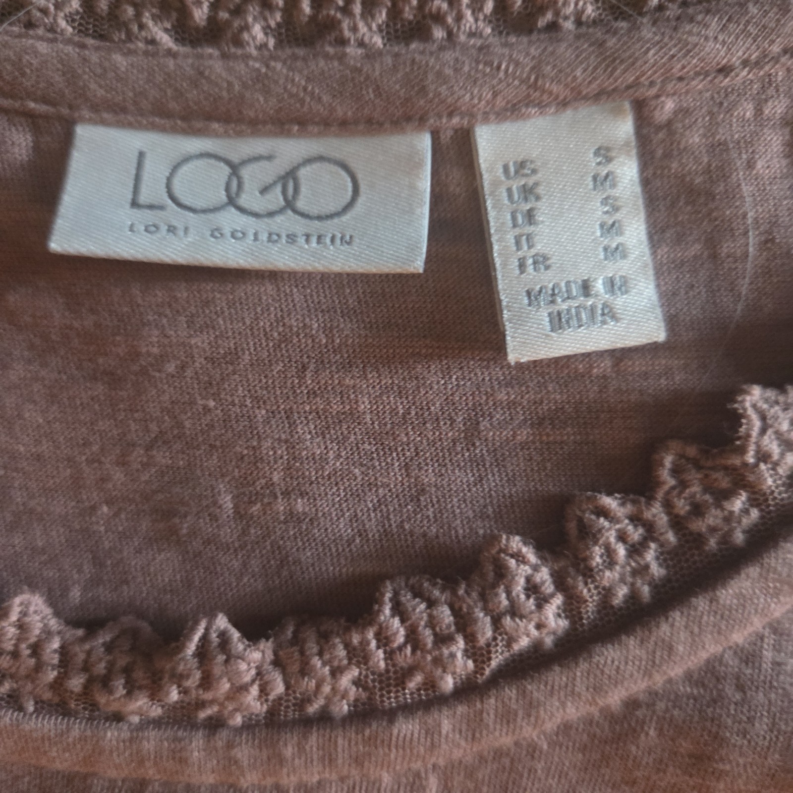 Small Cocoa Brown Sleevelss Dress Cotton Gauze Lace Ruffle LOGO Lori Goldstein