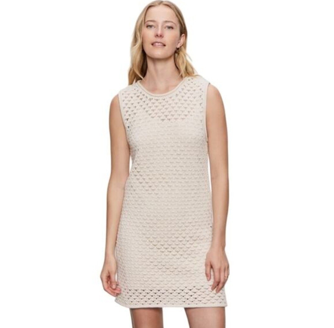Sanctuary Beige Crochet Sleeveless Shift Dress M, Geometric Pattern, Crew Neck