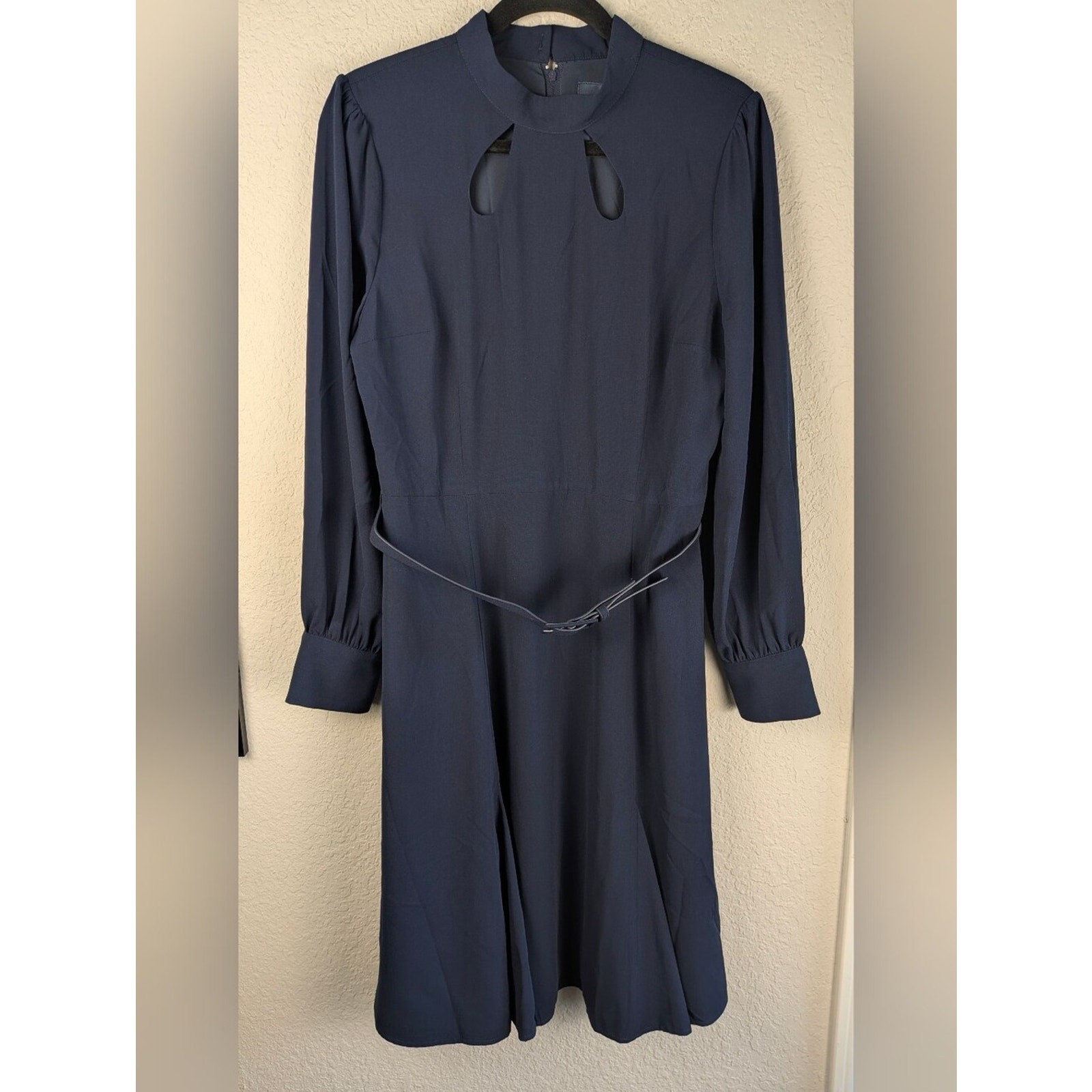 Modcloth Enjoy Every Moment Midi Dress Size 10 Navy LS Belted Keyhole Neck Retro