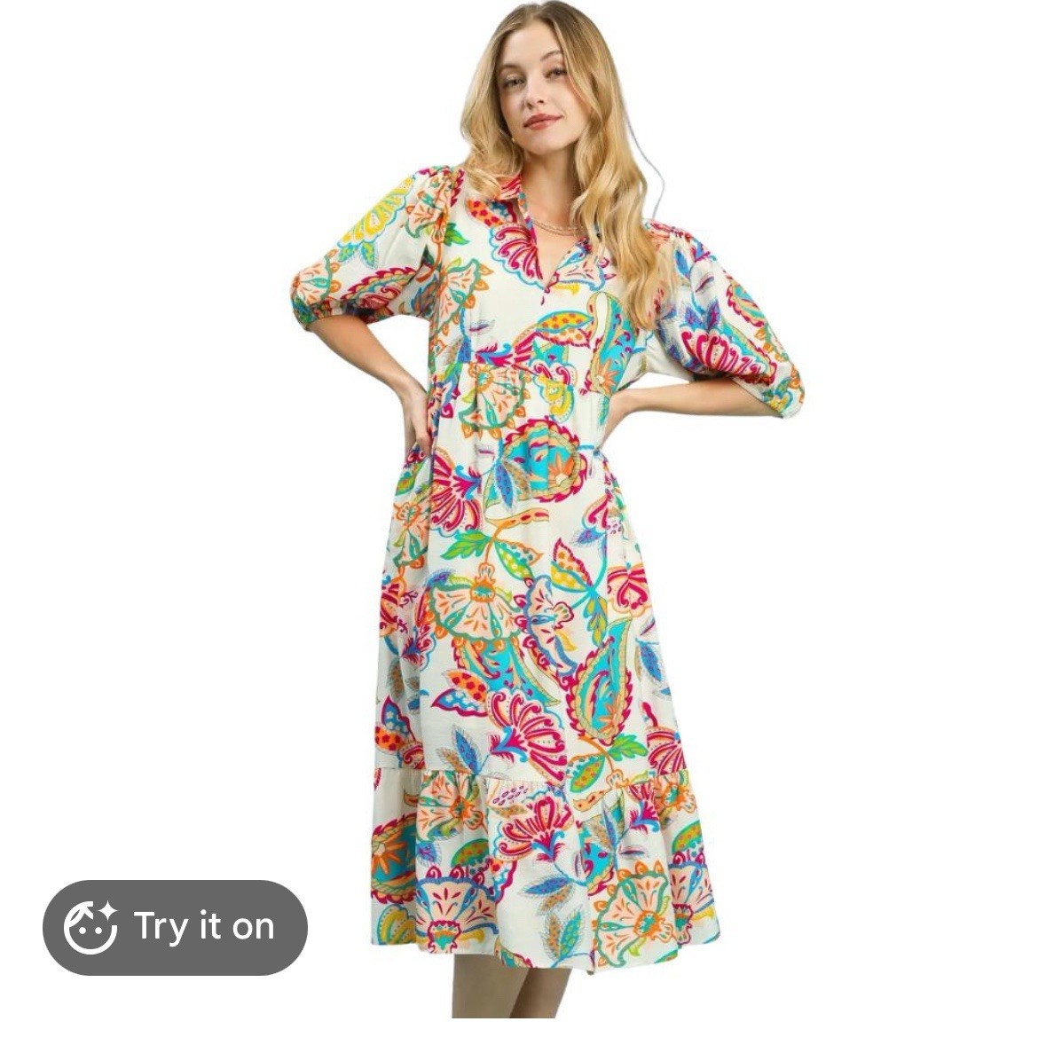 Umgee Women’s Cream Mix Tiered Floral Vibrant Midi Dress Large Spring Summer