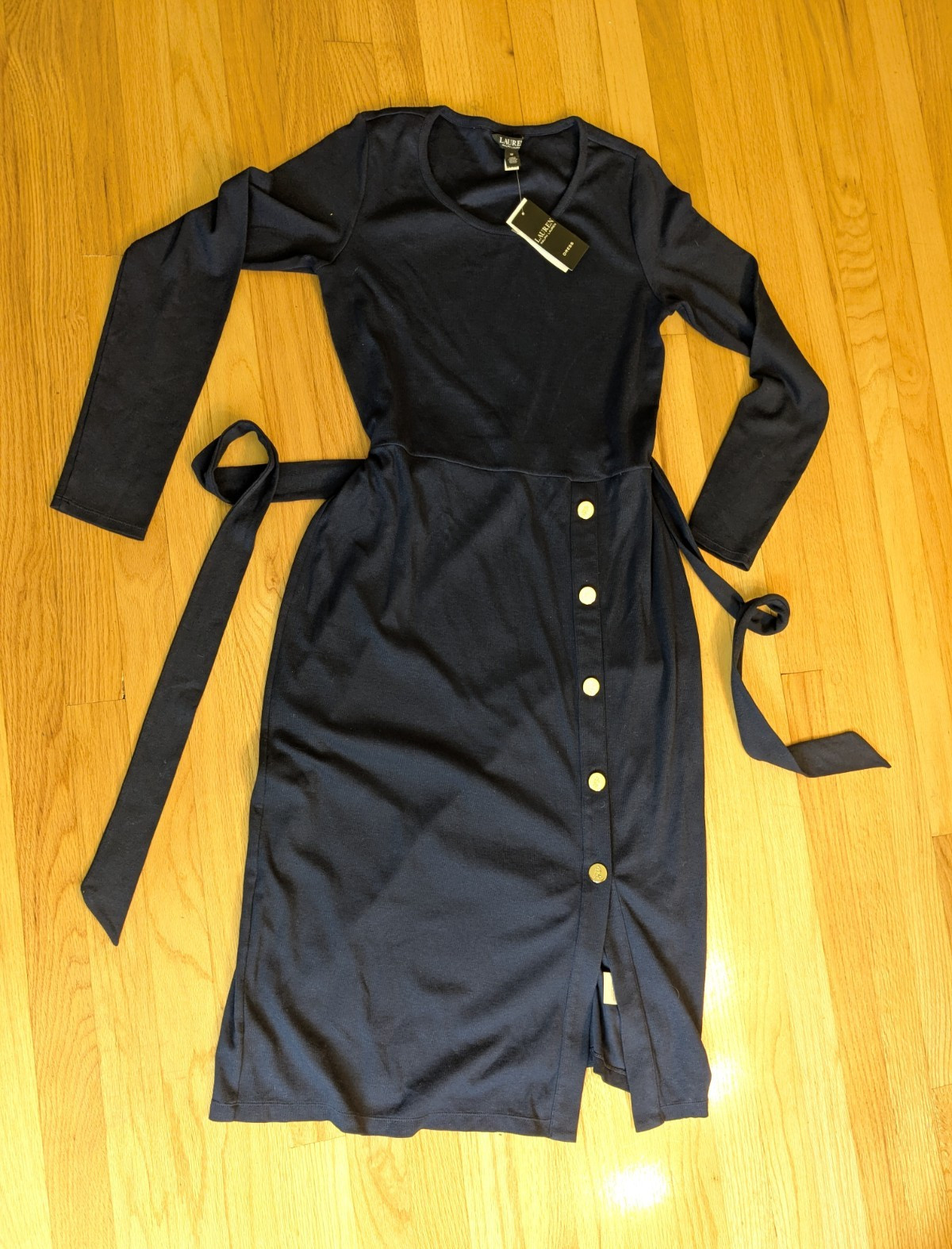 Lauren Ralph Lauren 12 Navy Knit Midi Dress Long Sleeve Belted Button Nautical