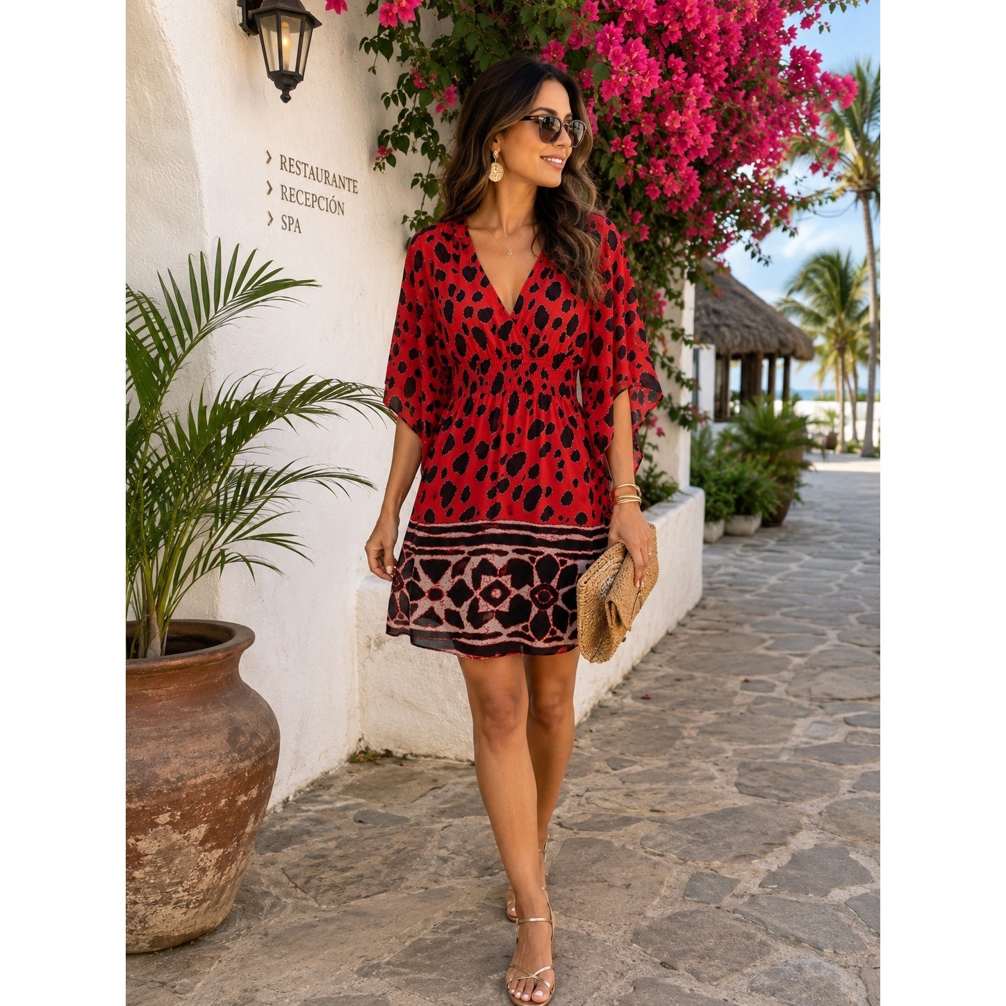 INC International Concepts Red Animal Print Kimono Sleeve Faux Wrap Dress Size 4