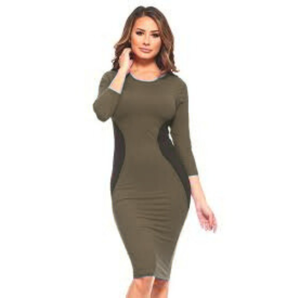 Women’s Two Color Dress Midi Bodycon 3/4 Sleeve Sz Medium NWT Olive Green/Black