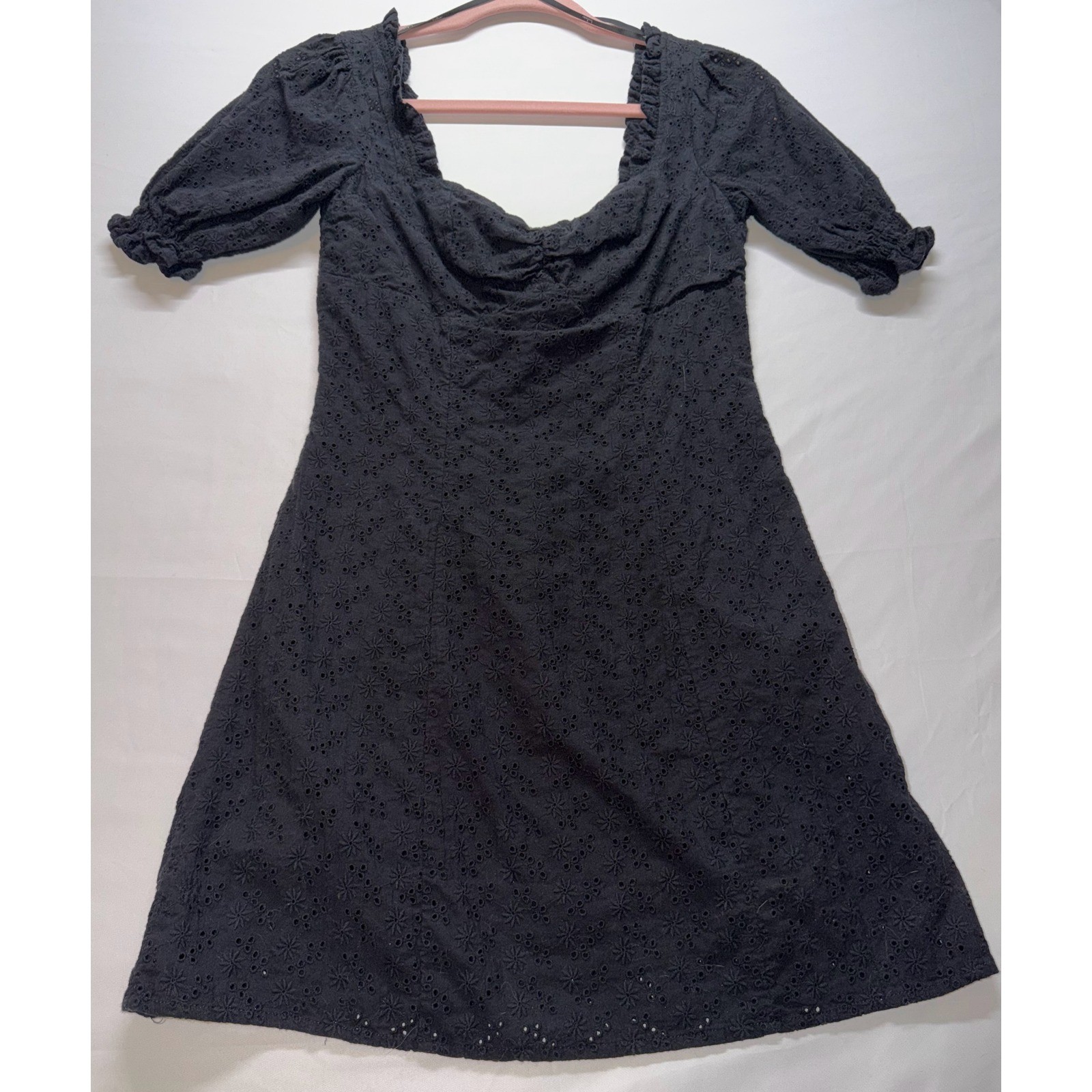Lulus Dress Womens Small Black Eyelet Puff Sleeve Mini Cottagecore Boho