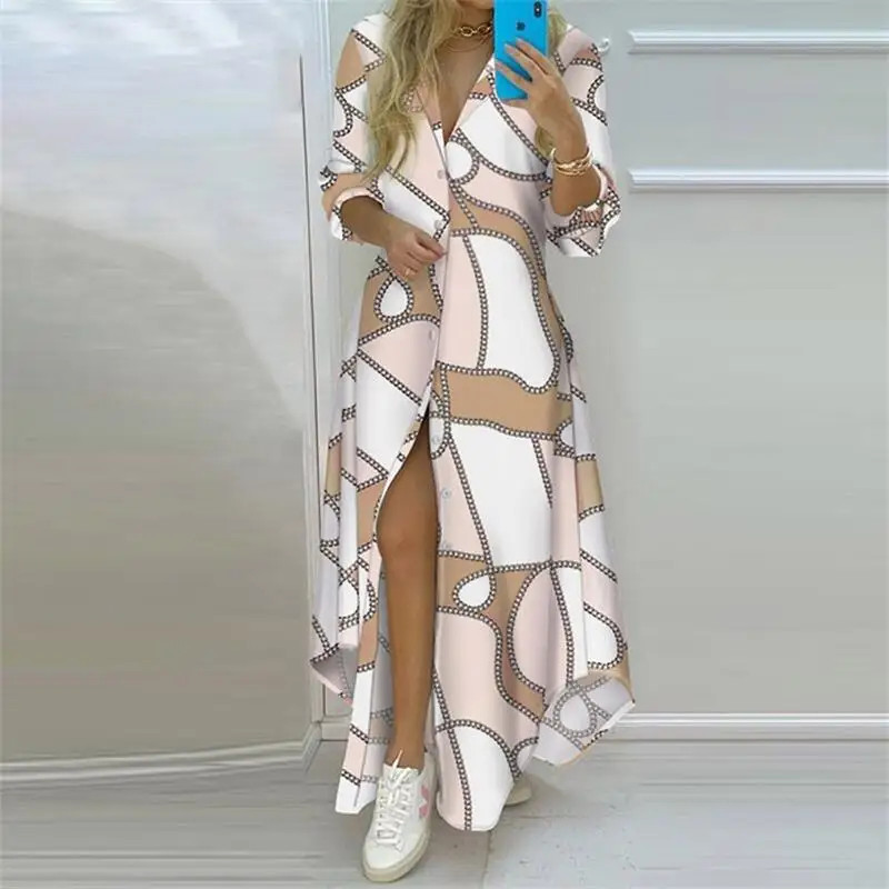Summer Women Boho Printed Long Shirts Elegant Dress Turn-down Collar Long Sleeve
