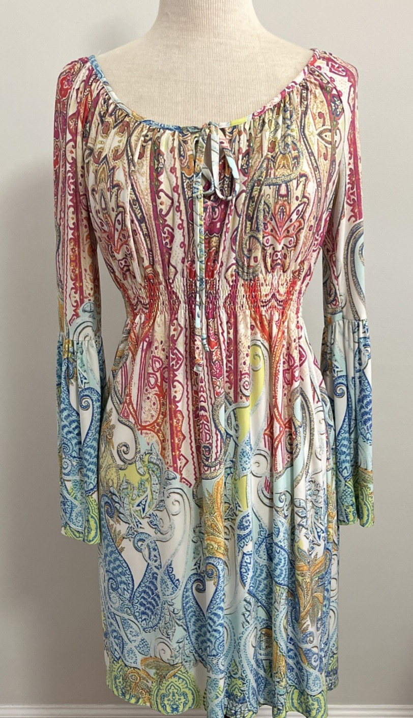 Boston Proper Rainbow Paisley Split Tie Neck Bell Sleeve Dress 10