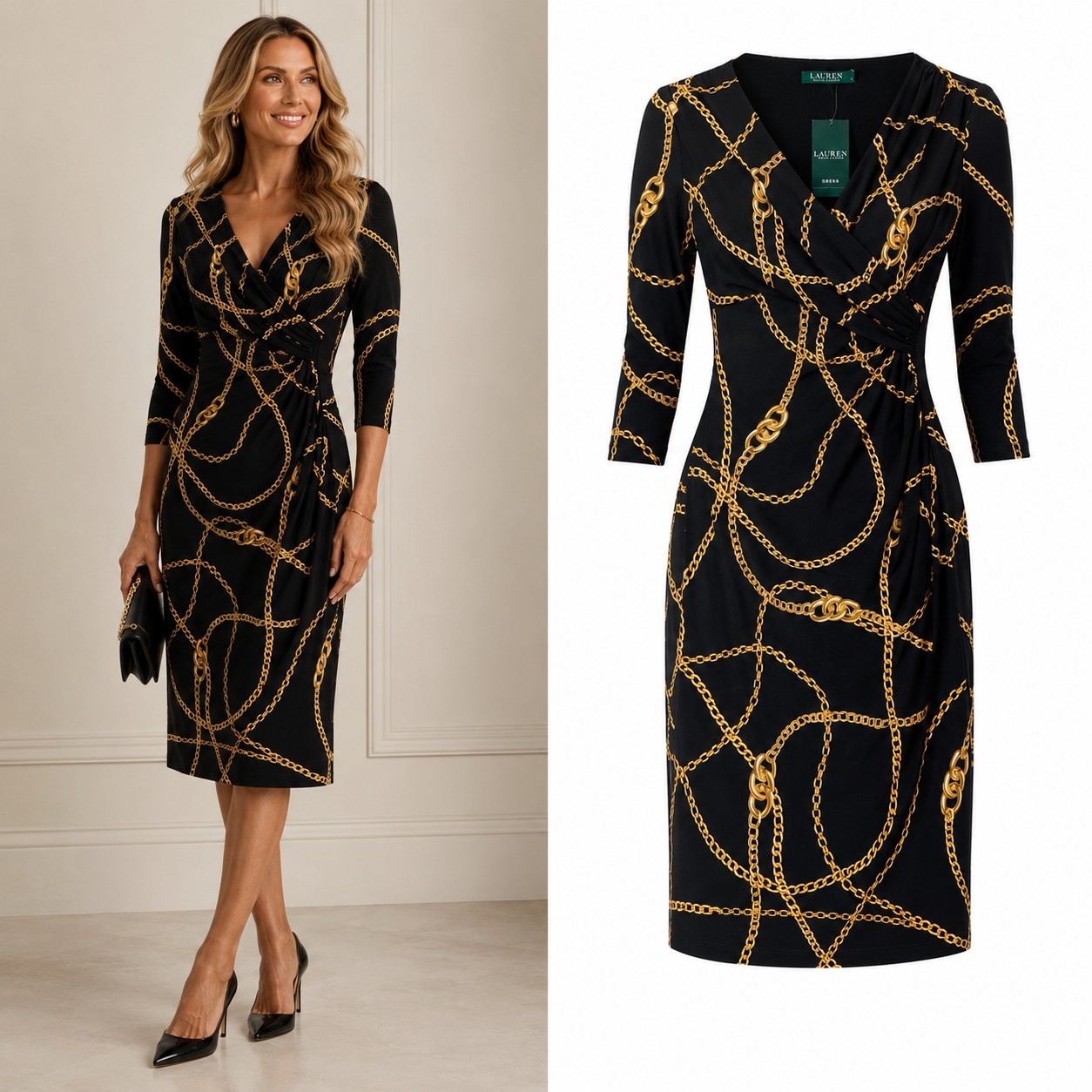 NEW Lauren Ralph Lauren Dress 4 Black Gold Chain Wrap Mob Wife Logo Bit Bridle