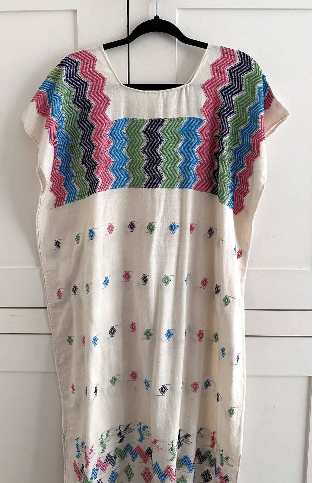 RARE HANDMADE MEXICAN HUIPIL KAFTAN DRESS MIDI 100% COTTON EMBROIDERED M NEW