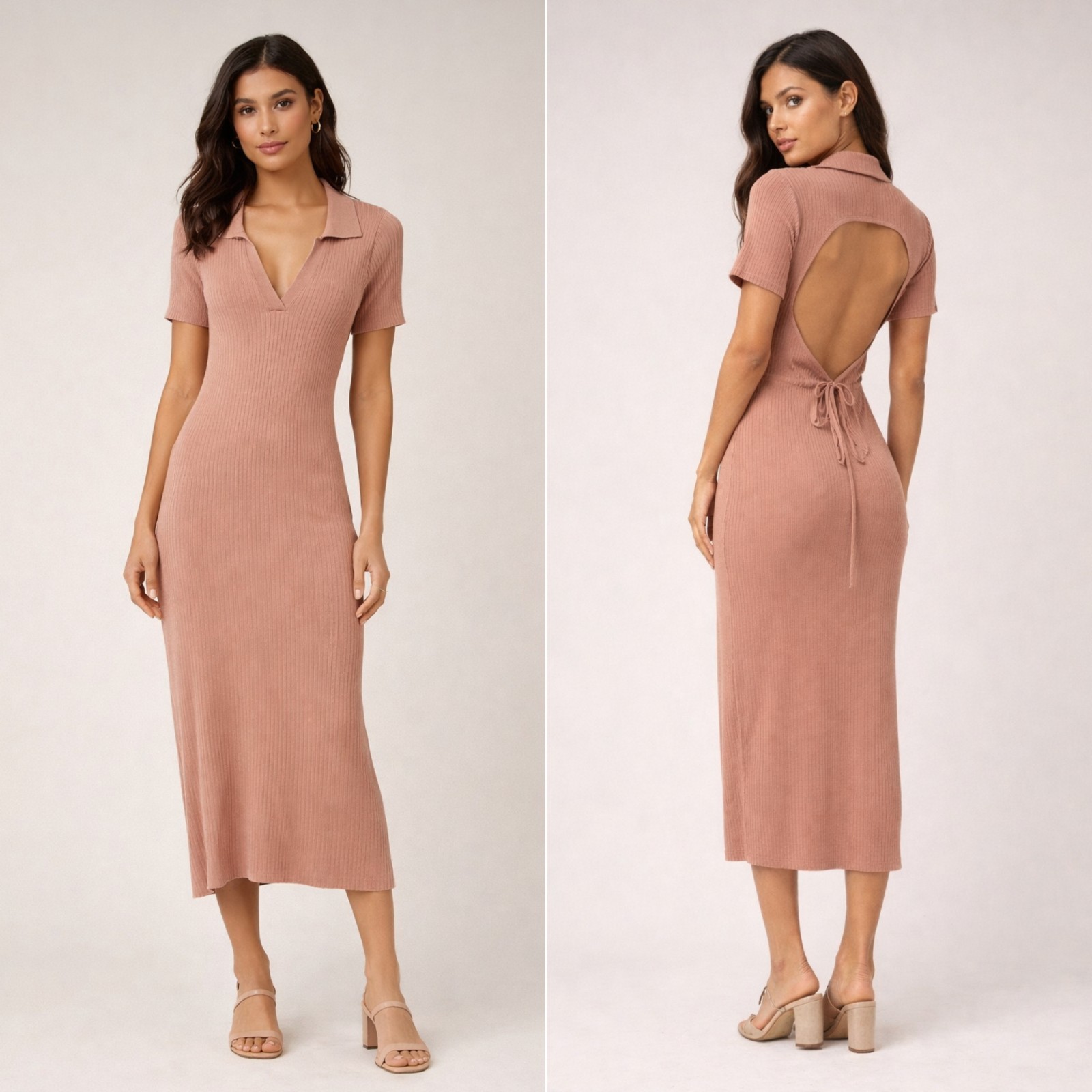 Petal & Pup Ribbed Knit Midi Dress Tan Brown Collared Open Back Slit Size 6
